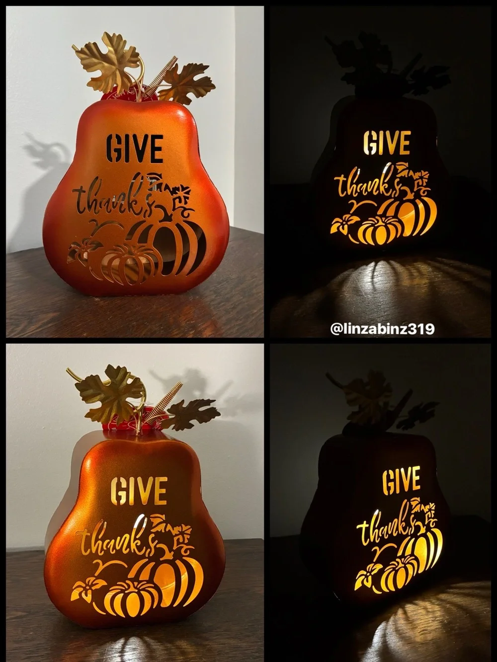 NWT-LED Light Up- Give Thanks-Orange Metal Pumpkin Decoration w/ Metal Leaves 🍁